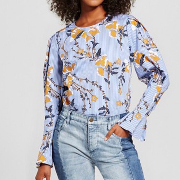 Who What Wear Pinstripe Pleated Ruffle Blouse M - Picture 2 of 12